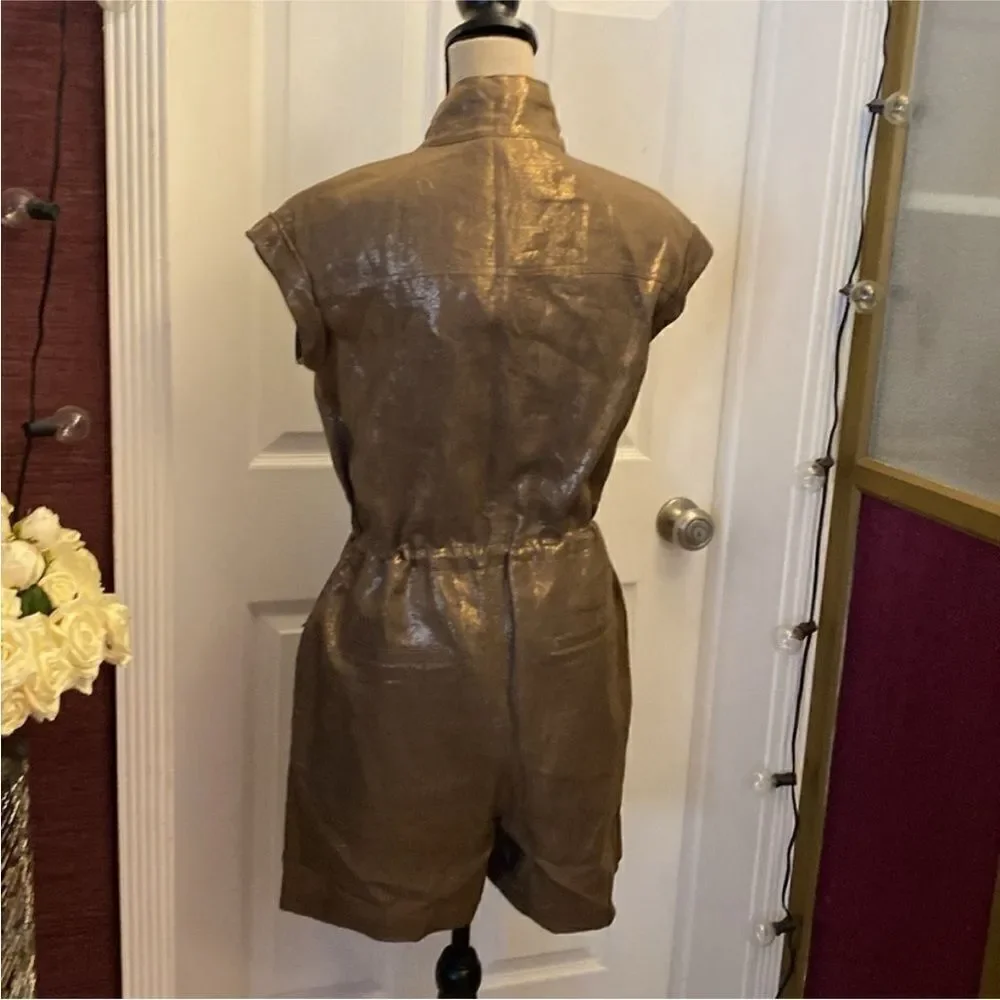 NWT Brunello Cucinelli 100% linen Shimmering Gold/ brown romper, S